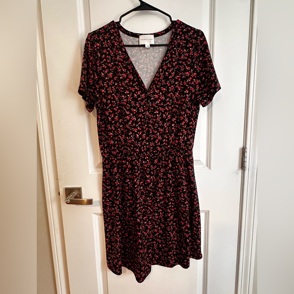 French Grey Black Midi Dress with Red Floral Print